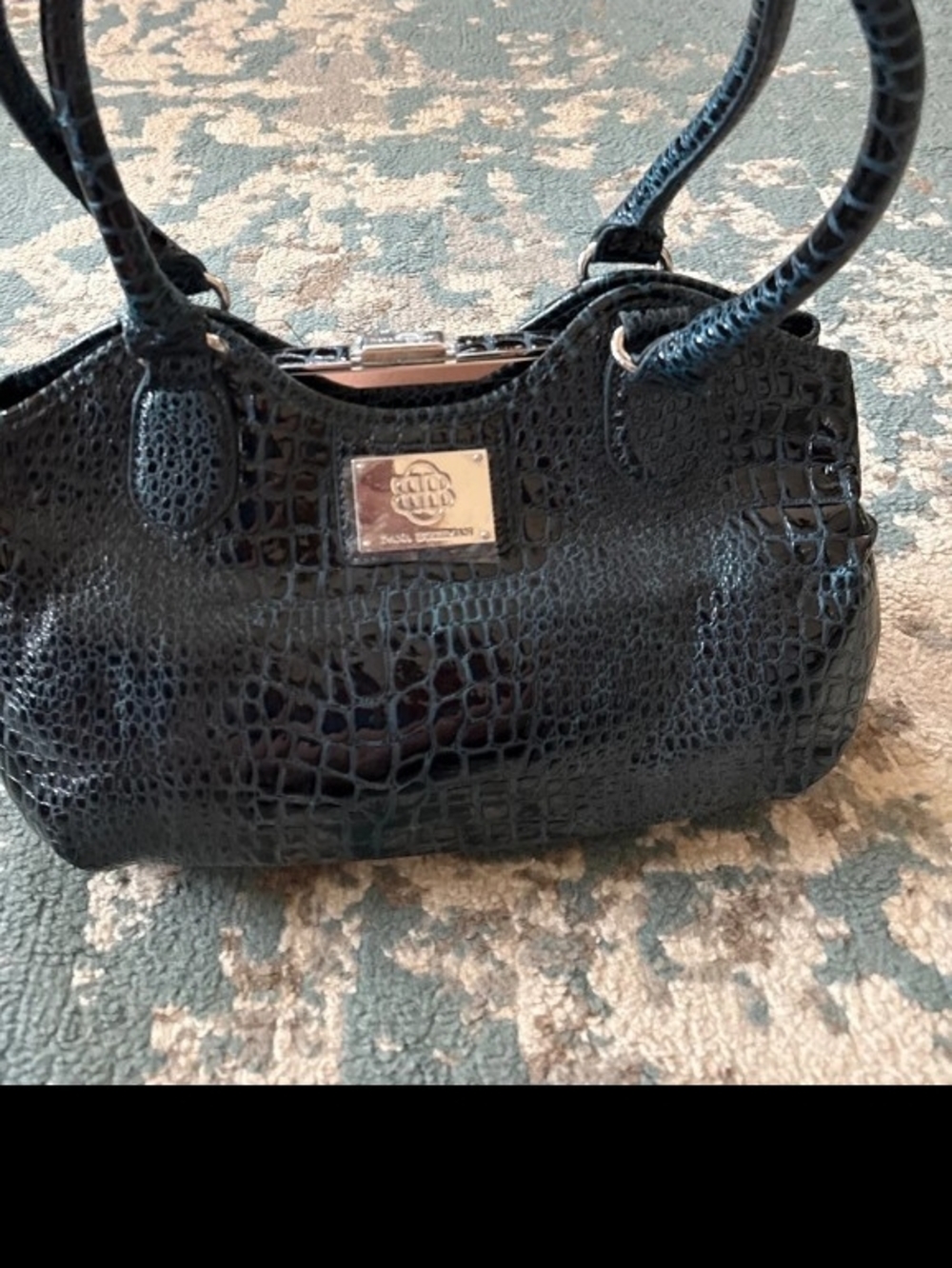 Nicole Miller Black Croc-Embossed Satchel Handbag